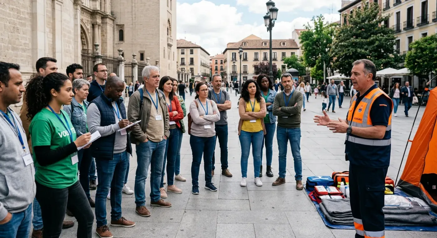 Ciudadanos y profesionales participando en una simulación de emergencias en un entorno urbano