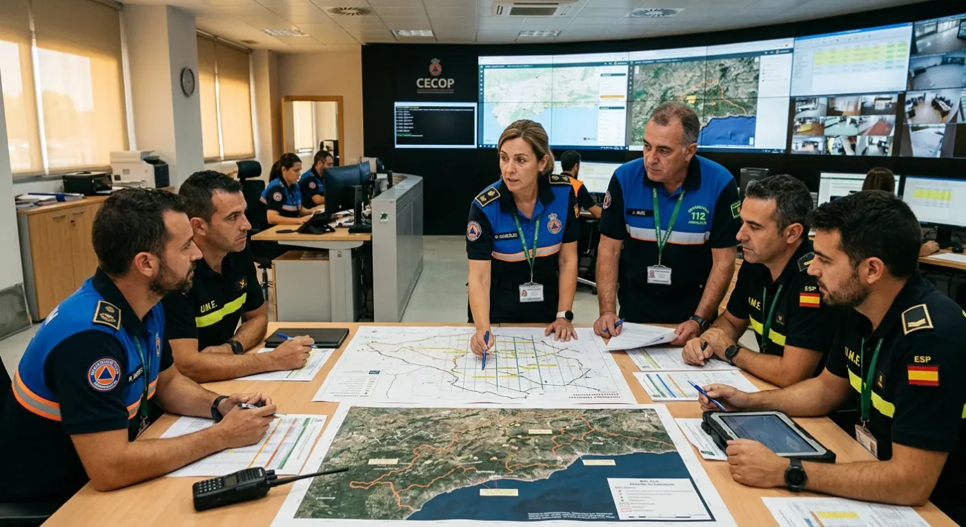 Profesionales de protección civil y cuerpos de emergencia coordinando planes sobre mapas en un centro de gestión